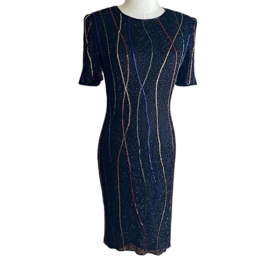 Vintage 80s 100% Silk Hand Beaded Cocktail Dress Short Sleeve Rainbow